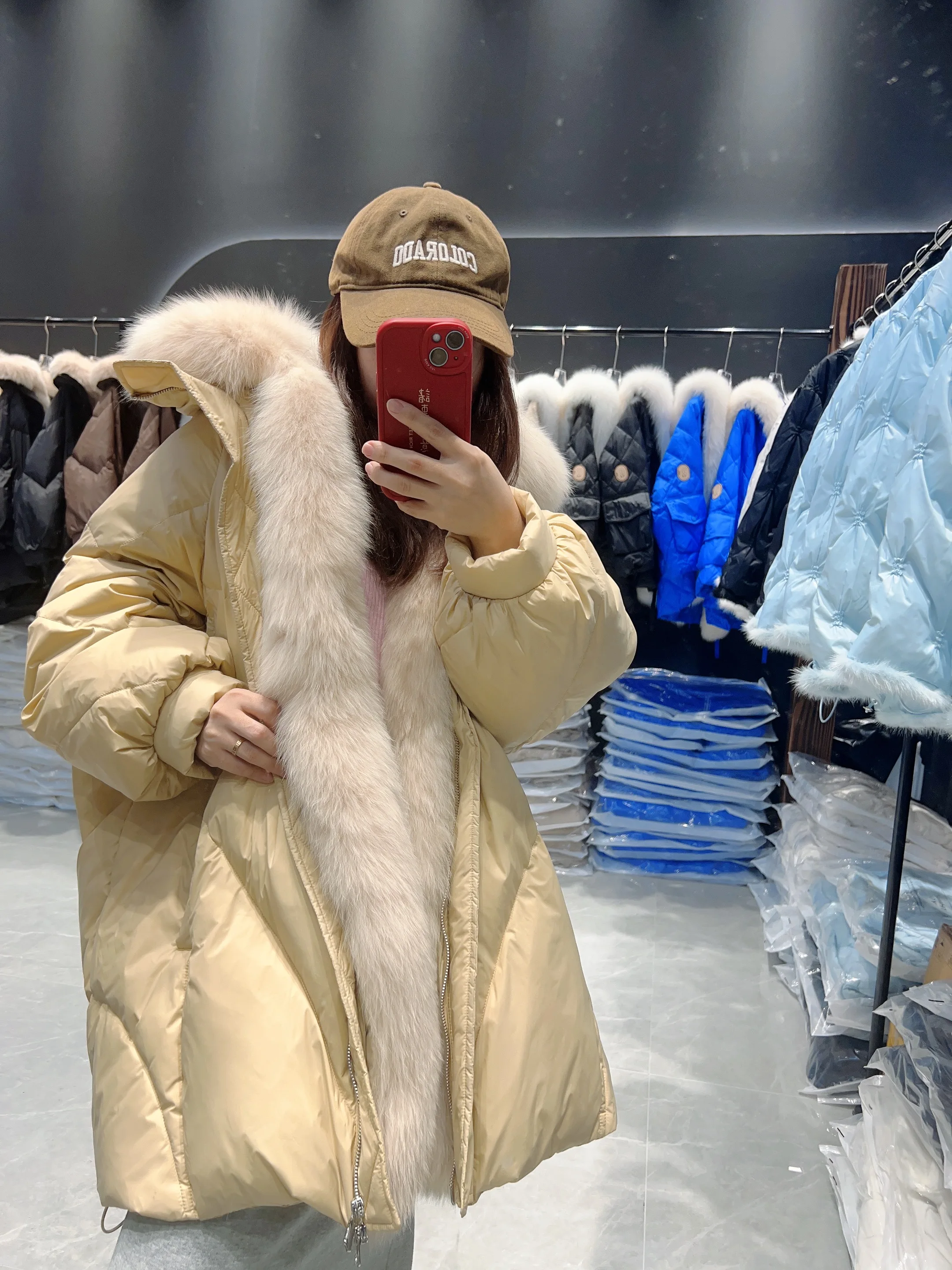 Lagabogy 2025 Real Natural Fox Fur New Winter Women White Goose Down Jacket Loose Warm Puffer Coat Female Thick Mid-Long Parkas