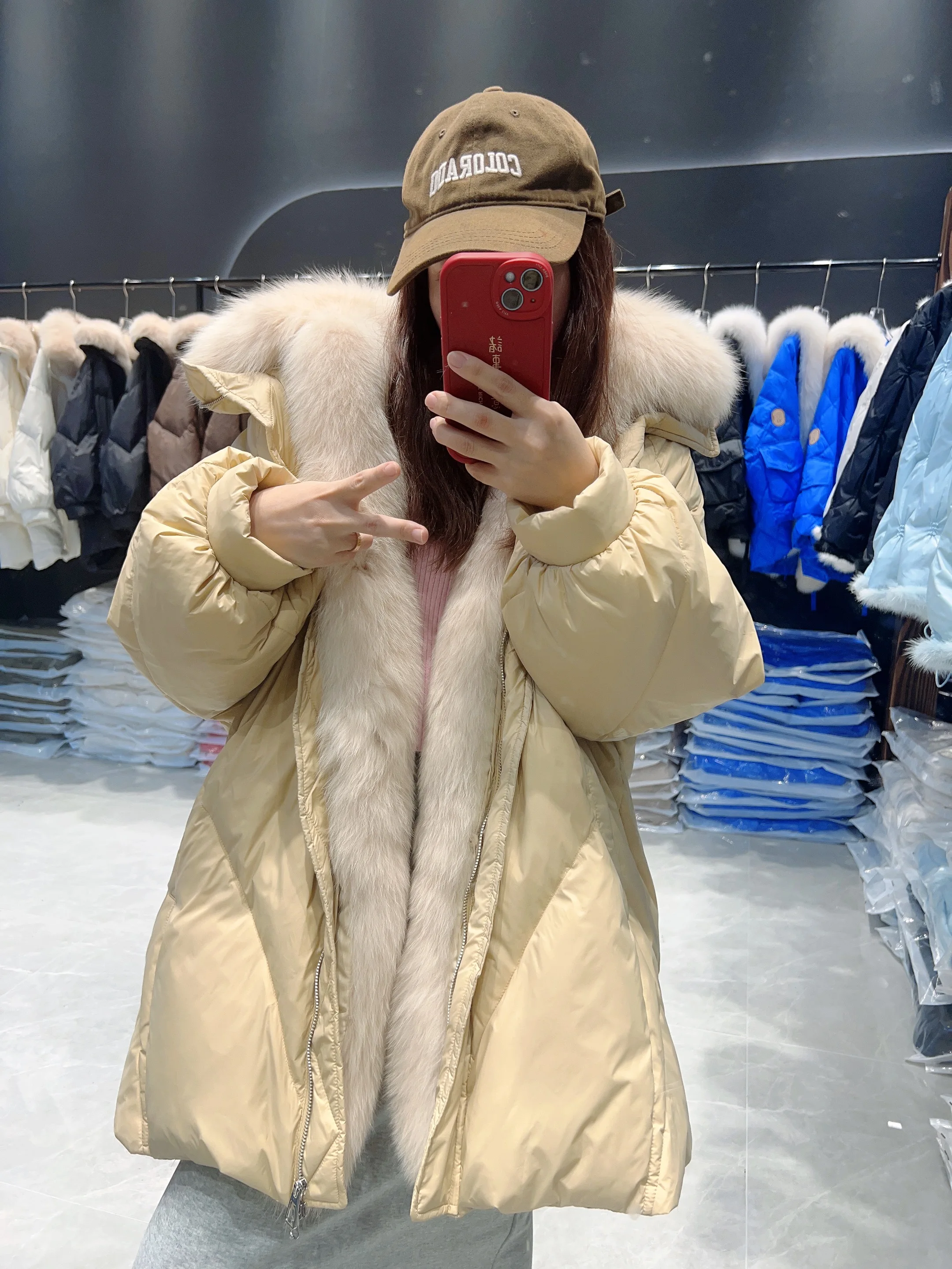Lagabogy 2025 Real Natural Fox Fur New Winter Women White Goose Down Jacket Loose Warm Puffer Coat Female Thick Mid-Long Parkas