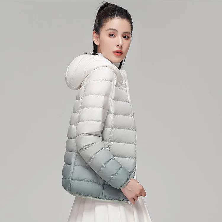 Woman Winter Hooded Coat 90% Duck Down Filled New Fashion Gradient Jacket Ultra Light Autumn Warm Parkas Windbreaker