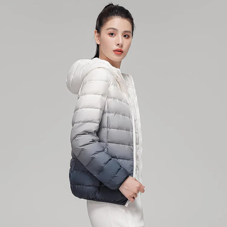 Woman Winter Hooded Coat 90% Duck Down Filled New Fashion Gradient Jacket Ultra Light Autumn Warm Parkas Windbreaker