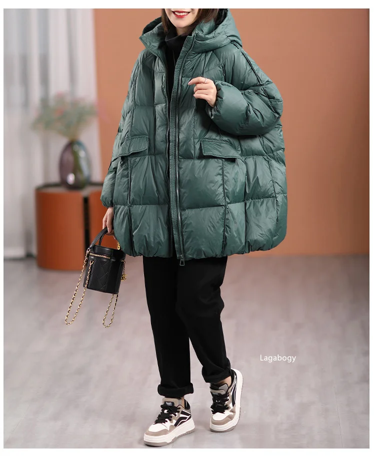 Lagabogy 2025 New Winter Women White Duck Down Jacket Hooded Warm Oversize Puffer Coat Female Casual Loose Parkas Pocket Outwear
