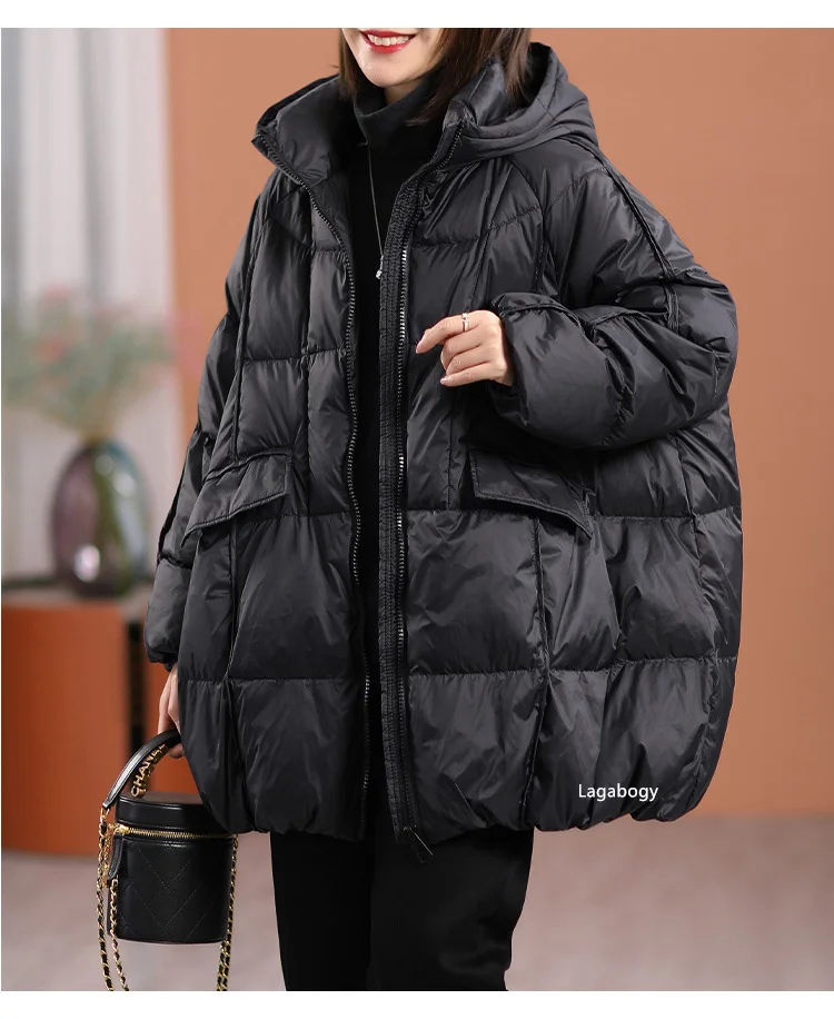 Lagabogy 2025 New Winter Women White Duck Down Jacket Hooded Warm Oversize Puffer Coat Female Casual Loose Parkas Pocket Outwear