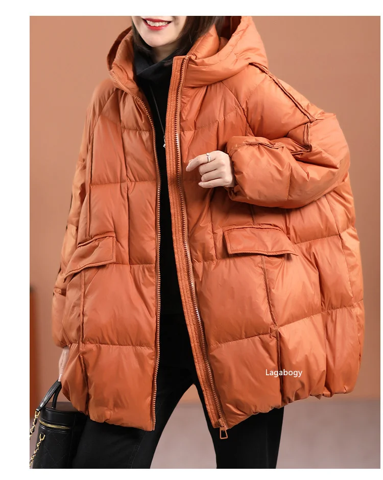Lagabogy 2025 New Winter Women White Duck Down Jacket Hooded Warm Oversize Puffer Coat Female Casual Loose Parkas Pocket Outwear