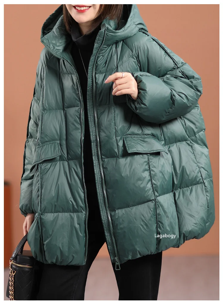 Lagabogy 2025 New Winter Women White Duck Down Jacket Hooded Warm Oversize Puffer Coat Female Casual Loose Parkas Pocket Outwear