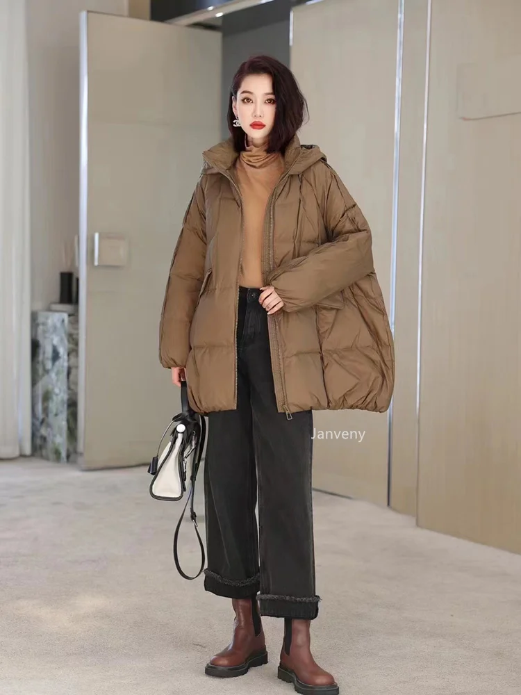 Janveny Women 90% White Duck Down Jacket Hooded Autumn Winter Warm Oversize Puffer Coat Casual Loose Thick Parkas Female Outwear