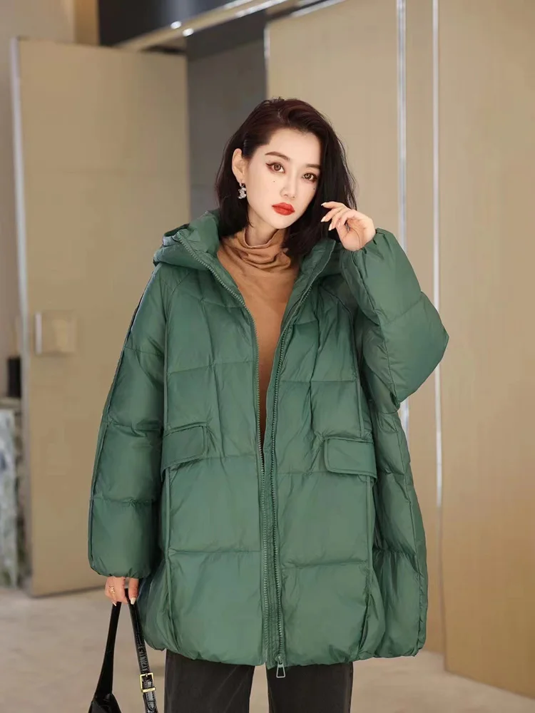 Janveny Women 90% White Duck Down Jacket Hooded Autumn Winter Warm Oversize Puffer Coat Casual Loose Thick Parkas Female Outwear