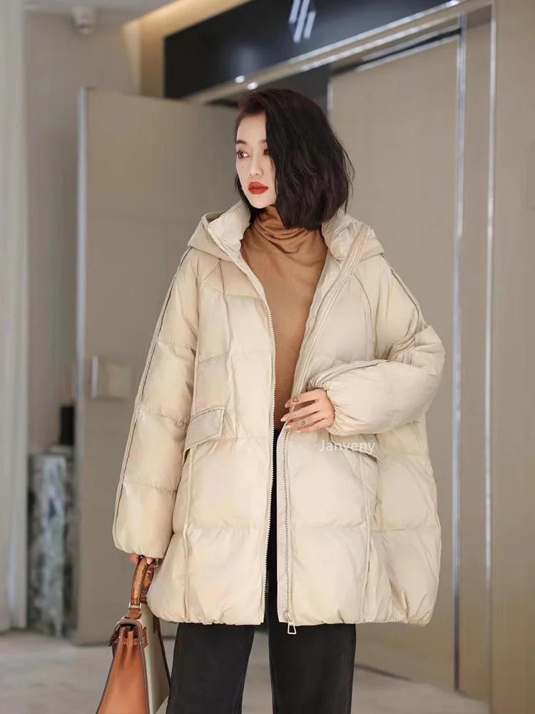 Janveny Women 90% White Duck Down Jacket Hooded Autumn Winter Warm Oversize Puffer Coat Casual Loose Thick Parkas Female Outwear