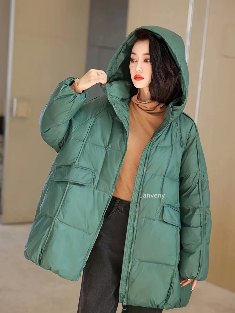 Janveny Women 90% White Duck Down Jacket Hooded Autumn Winter Warm Oversize Puffer Coat Casual Loose Thick Parkas Female Outwear
