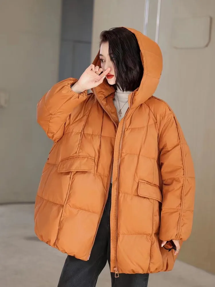 Janveny Women 90% White Duck Down Jacket Hooded Autumn Winter Warm Oversize Puffer Coat Casual Loose Thick Parkas Female Outwear