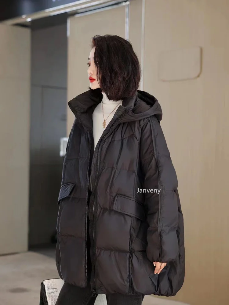 Janveny Women 90% White Duck Down Jacket Hooded Autumn Winter Warm Oversize Puffer Coat Casual Loose Thick Parkas Female Outwear