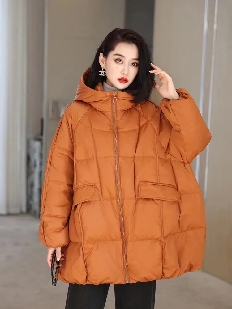 Janveny Women 90% White Duck Down Jacket Hooded Autumn Winter Warm Oversize Puffer Coat Casual Loose Thick Parkas Female Outwear