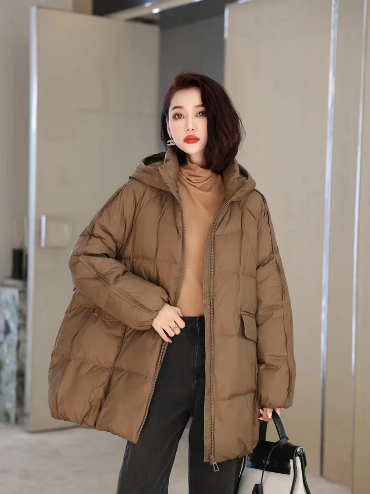Janveny Women 90% White Duck Down Jacket Hooded Autumn Winter Warm Oversize Puffer Coat Casual Loose Thick Parkas Female Outwear