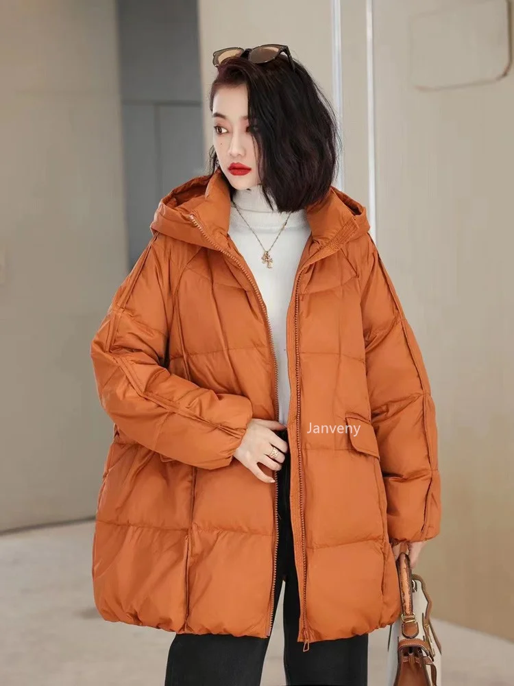Janveny Women 90% White Duck Down Jacket Hooded Autumn Winter Warm Oversize Puffer Coat Casual Loose Thick Parkas Female Outwear