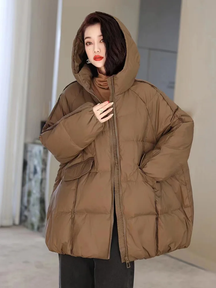 Janveny Women 90% White Duck Down Jacket Hooded Autumn Winter Warm Oversize Puffer Coat Casual Loose Thick Parkas Female Outwear