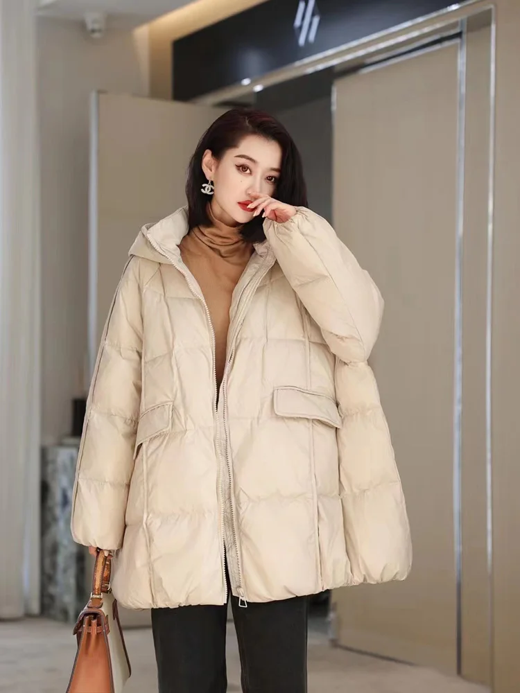 Janveny Women 90% White Duck Down Jacket Hooded Autumn Winter Warm Oversize Puffer Coat Casual Loose Thick Parkas Female Outwear