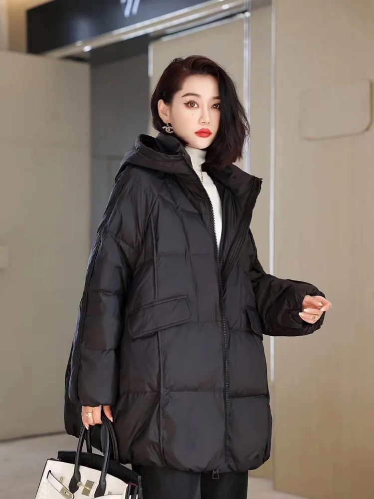 Janveny Women 90% White Duck Down Jacket Hooded Autumn Winter Warm Oversize Puffer Coat Casual Loose Thick Parkas Female Outwear