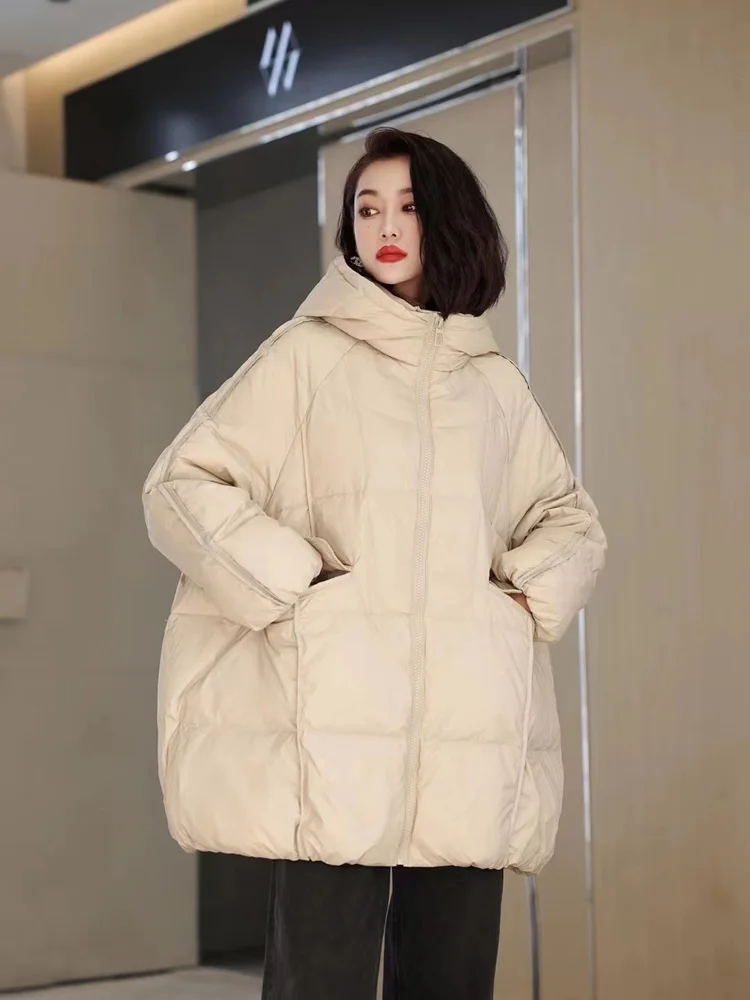 Janveny Women 90% White Duck Down Jacket Hooded Autumn Winter Warm Oversize Puffer Coat Casual Loose Thick Parkas Female Outwear