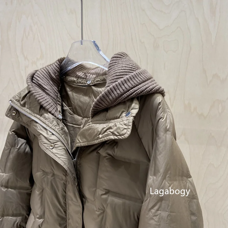 Lagabogy 2025 New Winter Women Long White Duck Down Jacket Female Casual Loose Warm Parkas Knitted Hat Detachable Puffer Coat