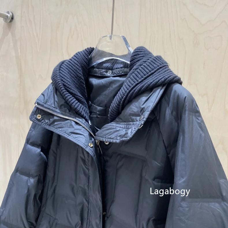 Lagabogy 2025 New Winter Women Long White Duck Down Jacket Female Casual Loose Warm Parkas Knitted Hat Detachable Puffer Coat