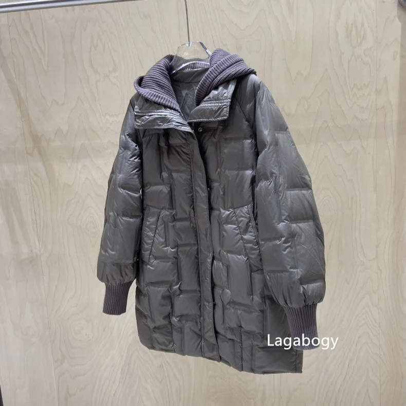 Lagabogy 2025 New Winter Women Long White Duck Down Jacket Female Casual Loose Warm Parkas Knitted Hat Detachable Puffer Coat