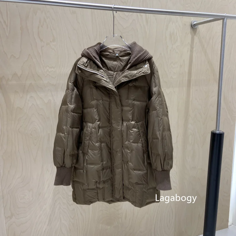 Lagabogy 2025 New Winter Women Long White Duck Down Jacket Female Casual Loose Warm Parkas Knitted Hat Detachable Puffer Coat