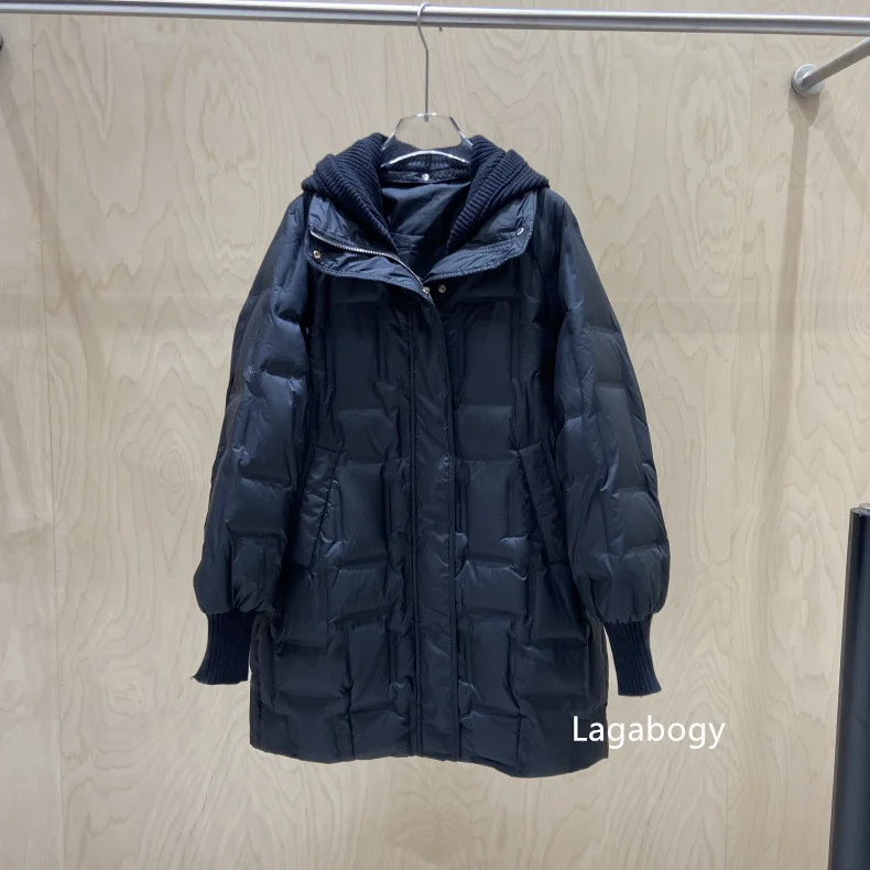 Lagabogy 2025 New Winter Women Long White Duck Down Jacket Female Casual Loose Warm Parkas Knitted Hat Detachable Puffer Coat