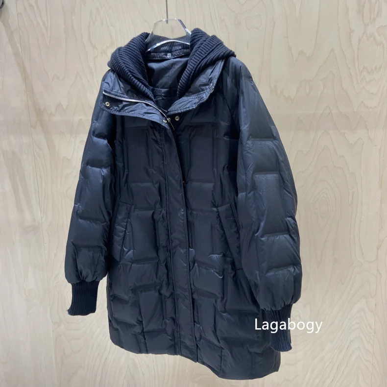 Lagabogy 2025 New Winter Women Long White Duck Down Jacket Female Casual Loose Warm Parkas Knitted Hat Detachable Puffer Coat
