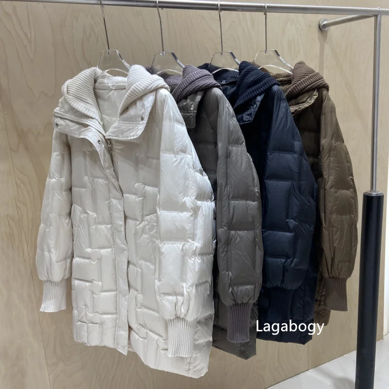 Lagabogy 2025 New Winter Women Long White Duck Down Jacket Female Casual Loose Warm Parkas Knitted Hat Detachable Puffer Coat