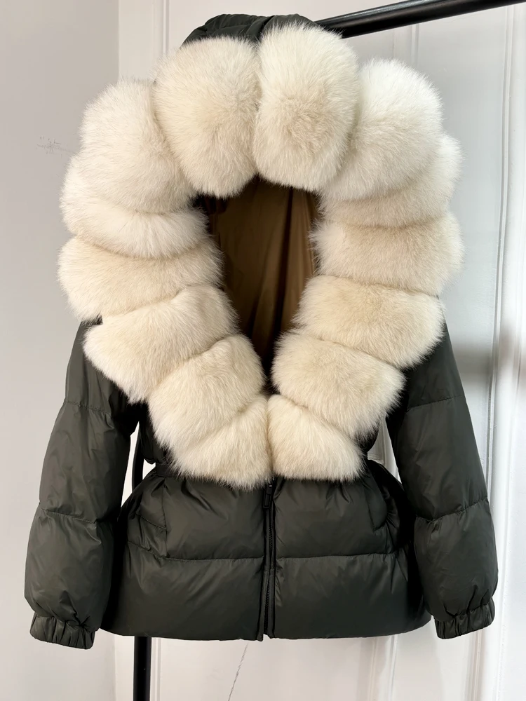 Lagabogy 2025 New Winter Women Big Real Fox Fur Collar 90%White Duck Down Coat Female Streetwear Loose Hooded Warm Puffer Jacket