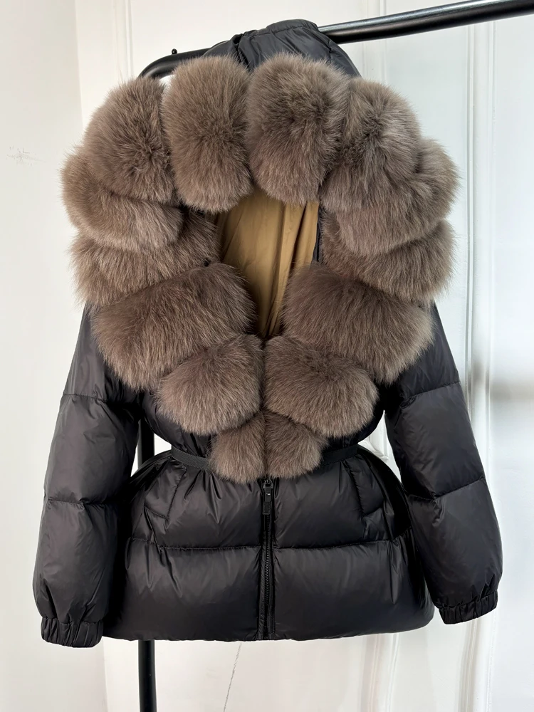 Lagabogy 2025 New Winter Women Big Real Fox Fur Collar 90%White Duck Down Coat Female Streetwear Loose Hooded Warm Puffer Jacket
