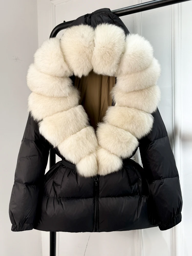 Lagabogy 2025 New Winter Women Big Real Fox Fur Collar 90%White Duck Down Coat Female Streetwear Loose Hooded Warm Puffer Jacket