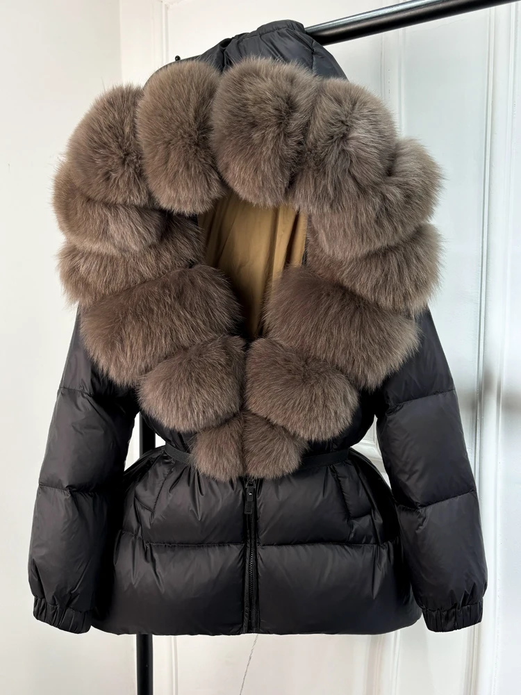 Lagabogy 2025 New Winter Women Big Real Fox Fur Collar 90%White Duck Down Coat Female Streetwear Loose Hooded Warm Puffer Jacket