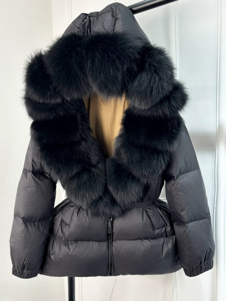 Lagabogy 2025 New Winter Women Big Real Fox Fur Collar 90%White Duck Down Coat Female Streetwear Loose Hooded Warm Puffer Jacket