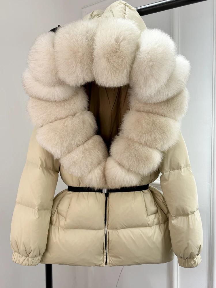 Lagabogy 2025 New Winter Women Big Real Fox Fur Collar 90%White Duck Down Coat Female Streetwear Loose Hooded Warm Puffer Jacket
