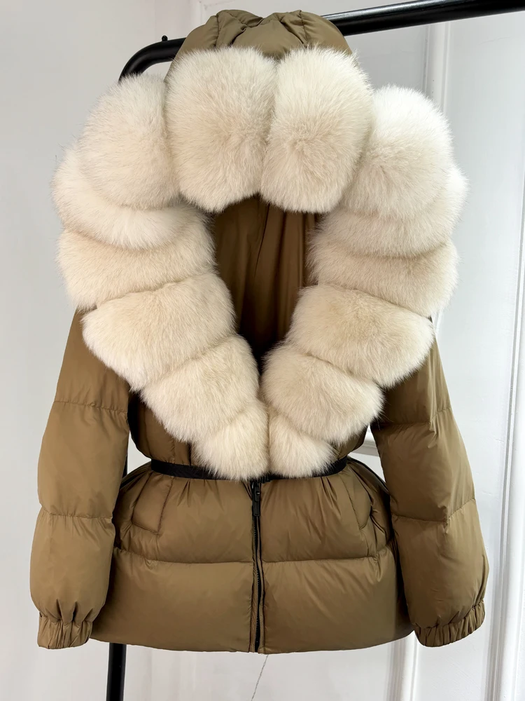 Lagabogy 2025 New Winter Women Big Real Fox Fur Collar 90%White Duck Down Coat Female Streetwear Loose Hooded Warm Puffer Jacket