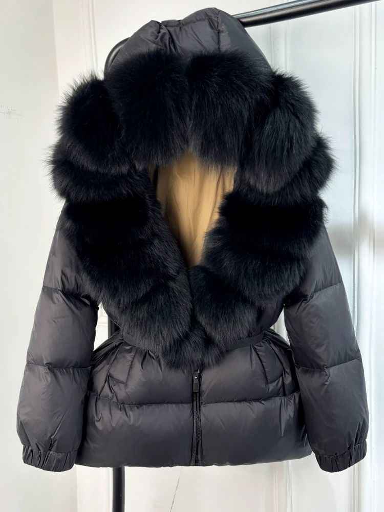 Lagabogy 2025 New Winter Women Big Real Fox Fur Collar 90%White Duck Down Coat Female Streetwear Loose Hooded Warm Puffer Jacket