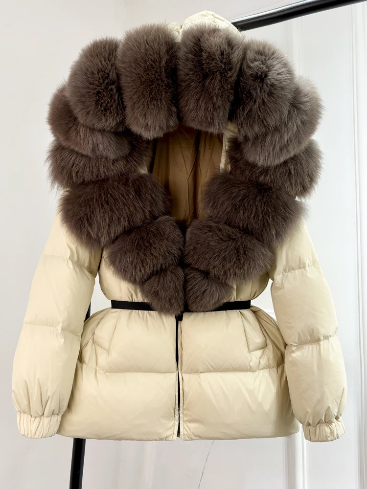 Lagabogy 2025 New Winter Women Big Real Fox Fur Collar 90%White Duck Down Coat Female Streetwear Loose Hooded Warm Puffer Jacket