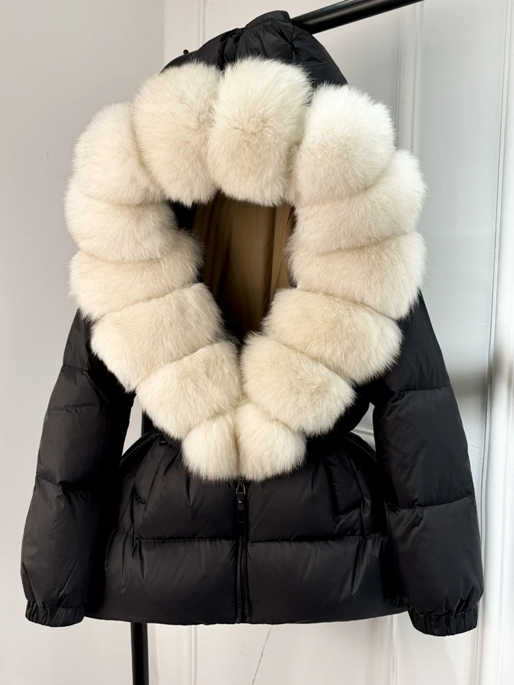 Lagabogy 2025 New Winter Women Big Real Fox Fur Collar 90%White Duck Down Coat Female Streetwear Loose Hooded Warm Puffer Jacket