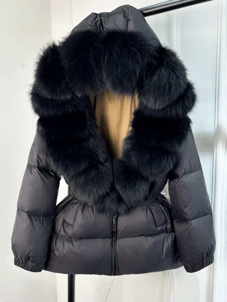 Lagabogy 2025 New Winter Women Big Real Fox Fur Collar 90%White Duck Down Coat Female Streetwear Loose Hooded Warm Puffer Jacket