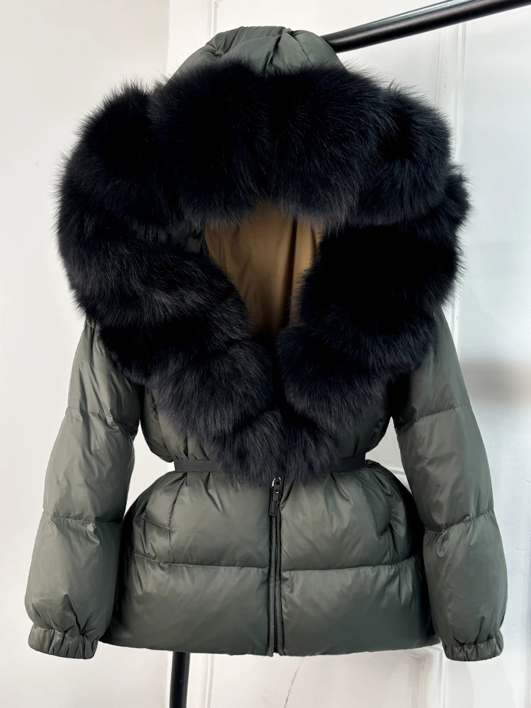 Lagabogy 2025 New Winter Women Big Real Fox Fur Collar 90%White Duck Down Coat Female Streetwear Loose Hooded Warm Puffer Jacket