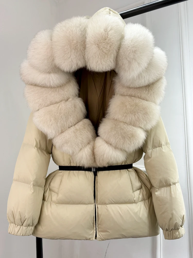 Lagabogy 2025 New Winter Women Big Real Fox Fur Collar 90%White Duck Down Coat Female Streetwear Loose Hooded Warm Puffer Jacket