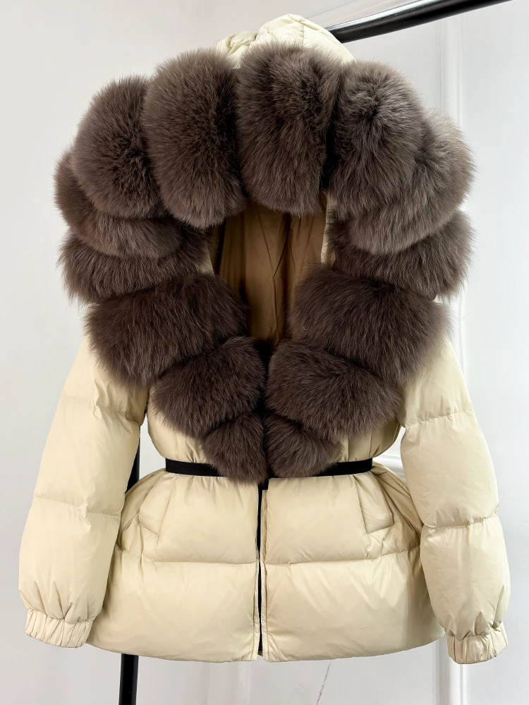 Lagabogy 2025 New Winter Women Big Real Fox Fur Collar 90%White Duck Down Coat Female Streetwear Loose Hooded Warm Puffer Jacket
