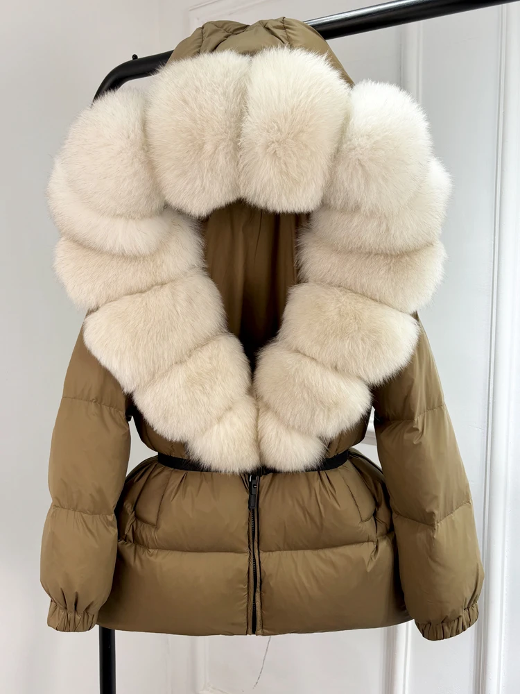 Lagabogy 2025 New Winter Women Big Real Fox Fur Collar 90%White Duck Down Coat Female Streetwear Loose Hooded Warm Puffer Jacket