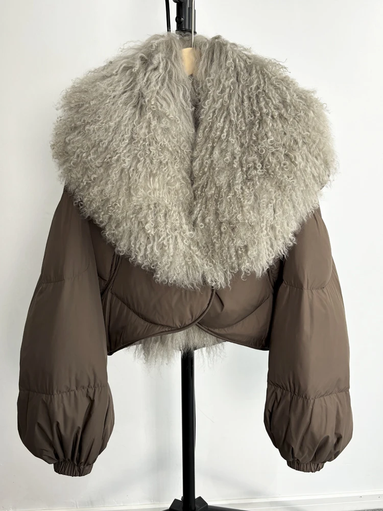 Lagabogy 2025 New Luxury Winter Women Short Puffer Parka Duck Down Waterproof Jacket Female Real Mongolian Sheep Fur Collar Coat