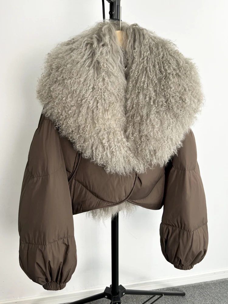 Lagabogy 2025 New Luxury Winter Women Short Puffer Parka Duck Down Waterproof Jacket Female Real Mongolian Sheep Fur Collar Coat