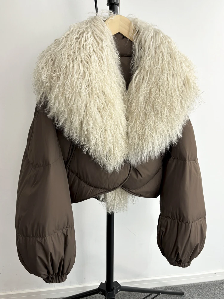 Lagabogy 2025 New Luxury Winter Women Short Puffer Parka Duck Down Waterproof Jacket Female Real Mongolian Sheep Fur Collar Coat