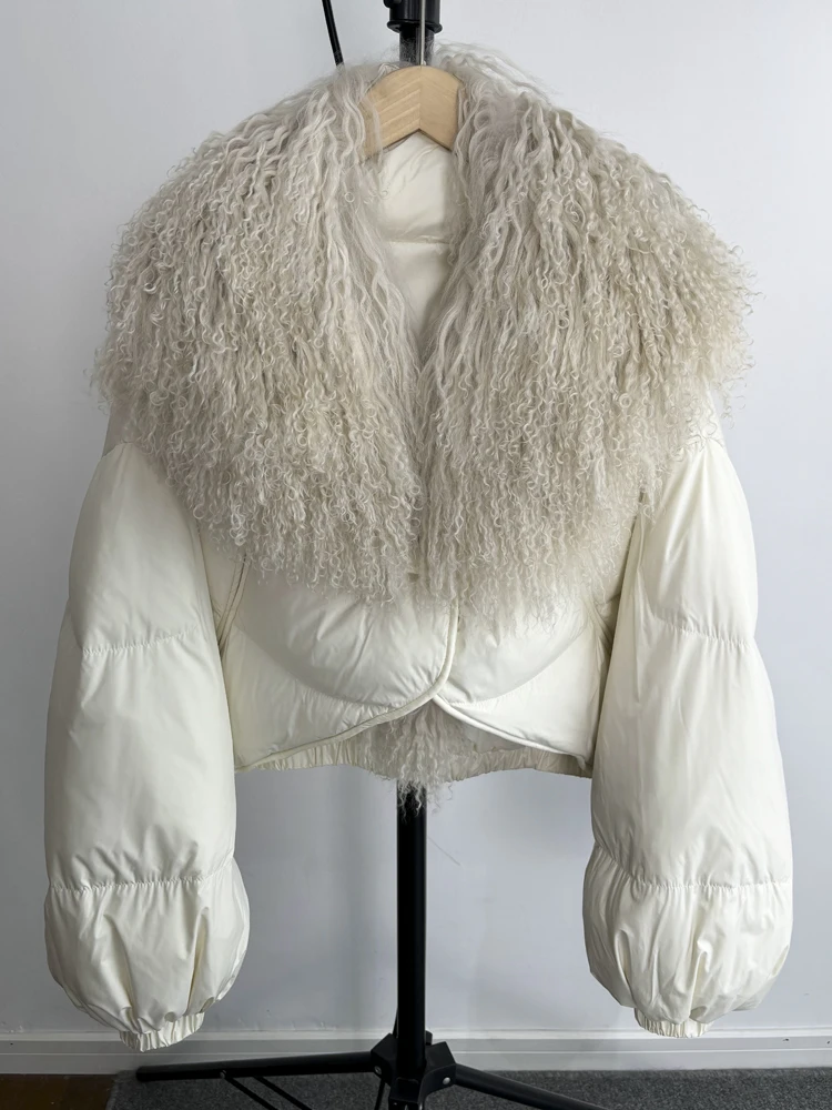 Lagabogy 2025 New Luxury Winter Women Short Puffer Parka Duck Down Waterproof Jacket Female Real Mongolian Sheep Fur Collar Coat