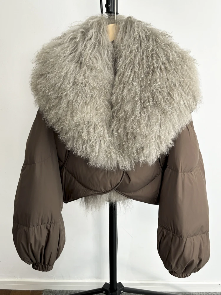 Lagabogy 2025 New Luxury Winter Women Short Puffer Parka Duck Down Waterproof Jacket Female Real Mongolian Sheep Fur Collar Coat