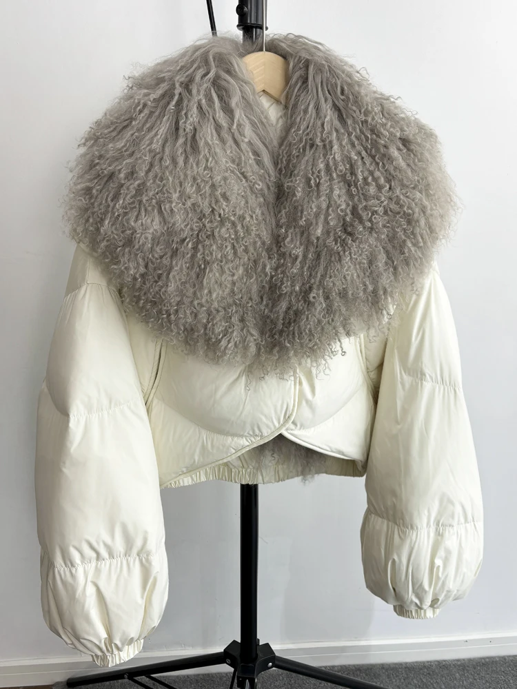 Lagabogy 2025 New Luxury Winter Women Short Puffer Parka Duck Down Waterproof Jacket Female Real Mongolian Sheep Fur Collar Coat