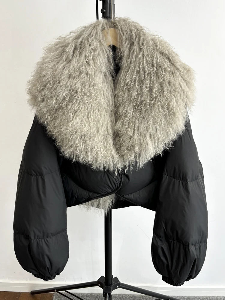 Lagabogy 2025 New Luxury Winter Women Short Puffer Parka Duck Down Waterproof Jacket Female Real Mongolian Sheep Fur Collar Coat